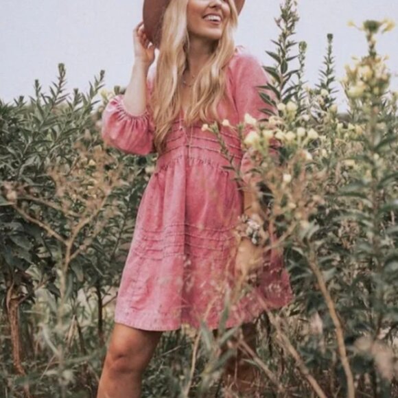 Free People Sweet Surrender Denim Dusty Pink Mini Dress Barbie Core Small - Picture 1 of 7